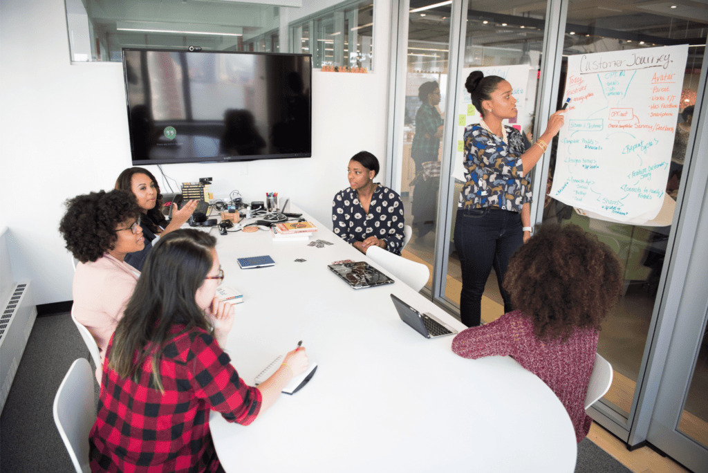 Team of professionals in a glass walled office